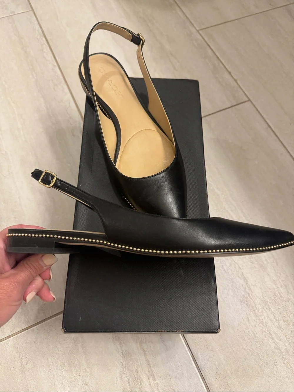 Coach Black Pointed Slingback Mules with Gold Stud Trim